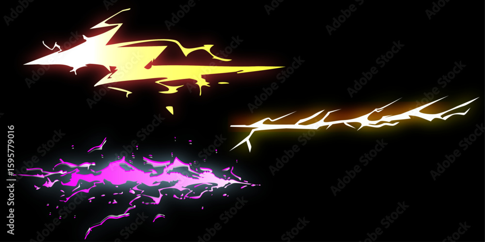 Poster lightning cartoon collection visual effects of flashes of light. for animated elements of matches an