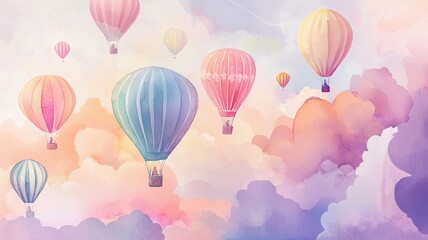 Naklejka premium Watercolor hot air balloons floating in colorful sky