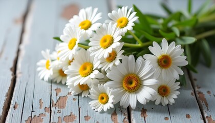 A bouquet of white daisies on a blue wooden surface with peeling paint © Wool World