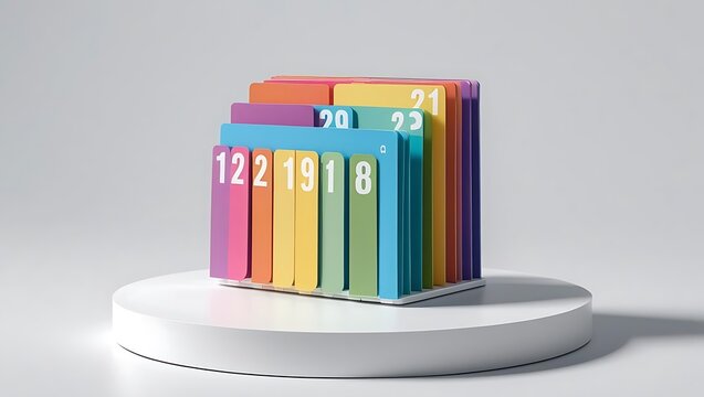 Colorful stacked books with numbers on a white pedestal
