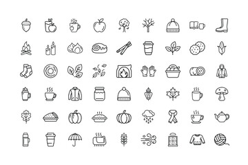 Collection of Black and White Autumn and Winter Themed Line Icons