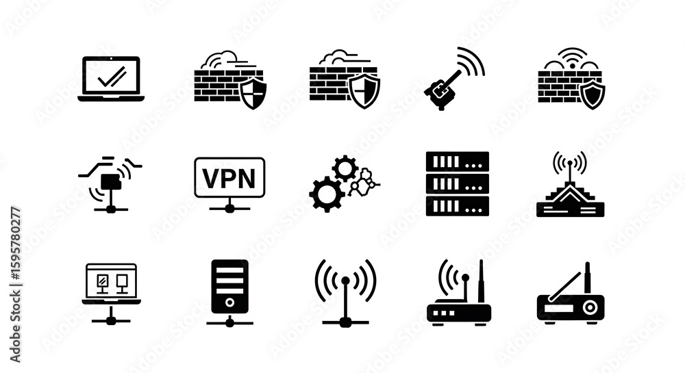 Aufkleber various black and white vector icons representing network security and connectivity elements in a gr