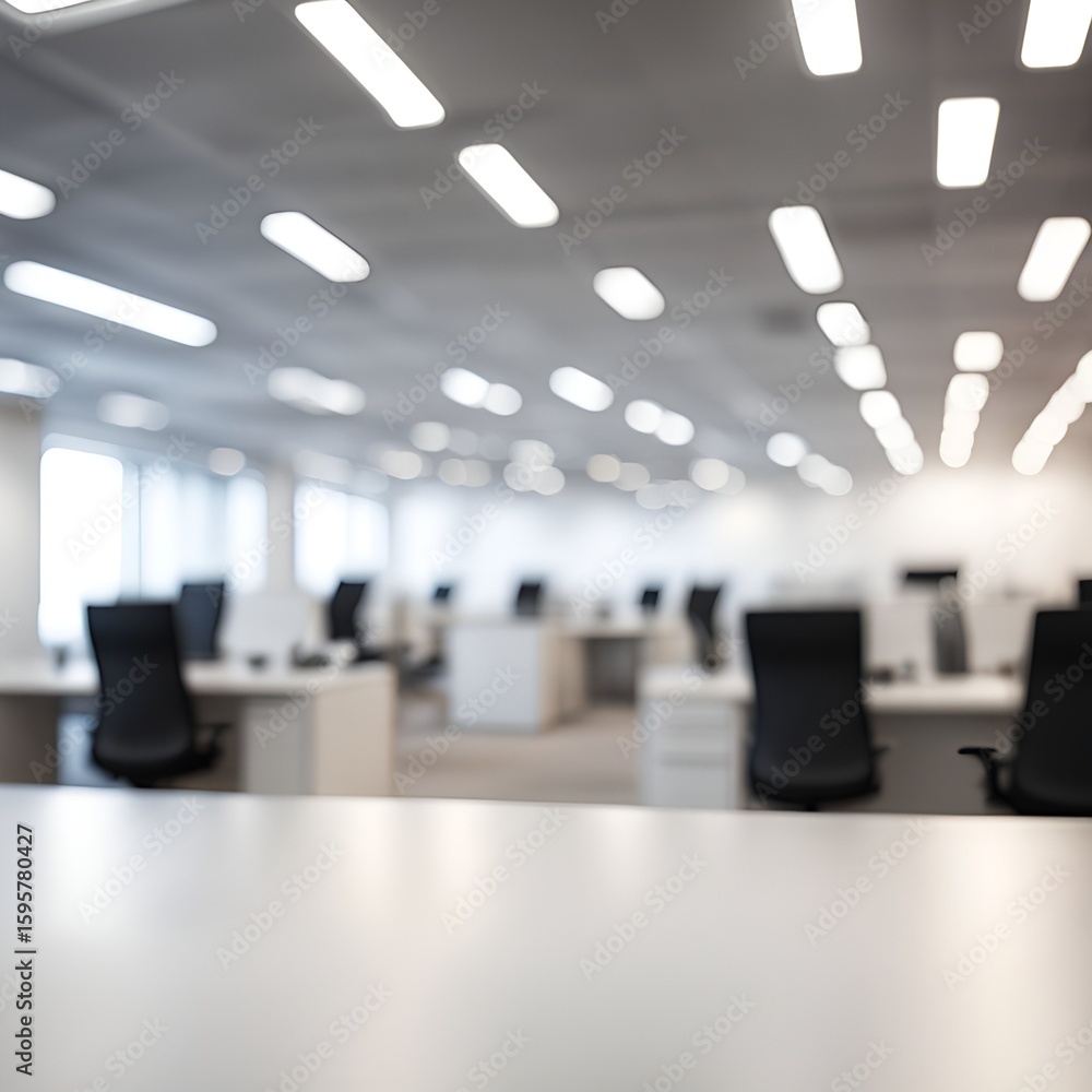 Poster blurred background view showcases a modern and bright open-plan office with workspace cubicles.