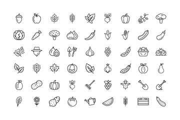Collection of Black and White Outline Icons Representing Harvest Farming and Agriculture