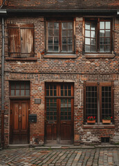 Fototapeta premium Old brick building facade with cobblestone street view