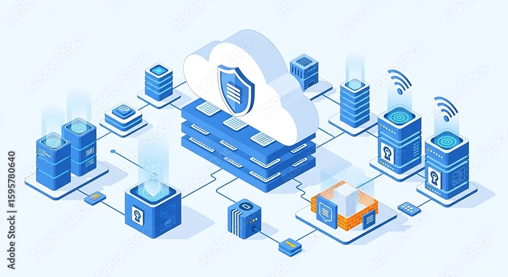 Aufkleber isometric illustration of cloud computing network with security shield and server connections design