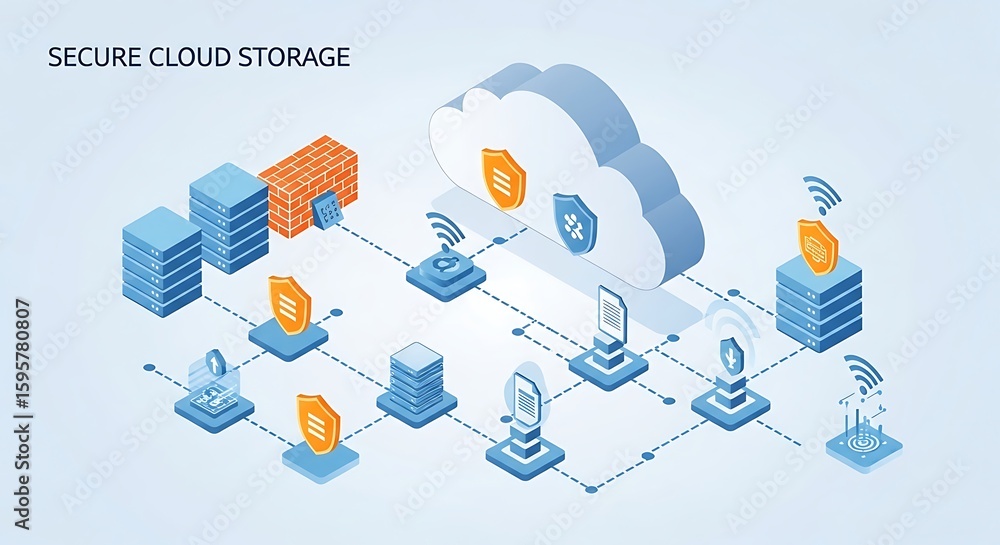 Aufkleber isometric illustration of secure cloud storage network with data servers and security shields ai gen