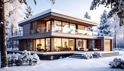 Modern luxury winter home in snowy forest with contemporary architecture.