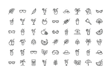 Line Art Summer Icons Tropical Drinks Sunglasses Palm Trees and Beach Elements