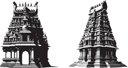 Vector illustration of a traditional South Indian temple gopuram, set against a pristine white background