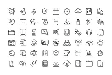 Collection of Thin Line Icons Representing Various Concepts and Functionalities in Black and White