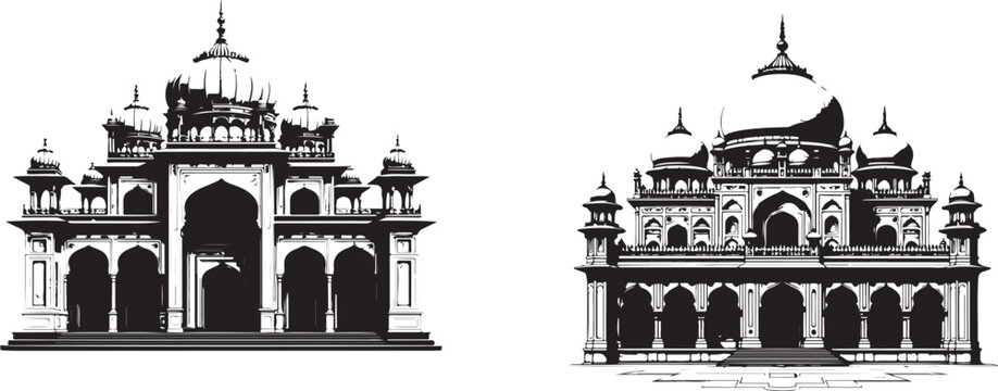  Traditional Indian palace in vector format, set against a crisp, pure white background, featuring ornate arches, domed chhatris, and filigree patterns