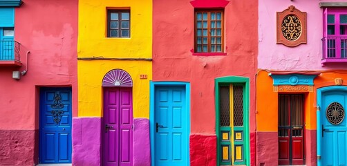 Fototapeta premium Vibrant stucco walls, colorful doors, intricate window details in La Boca, walls, details