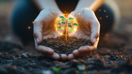 Hands gently holding a small green sprout in soil, with a magical golden glow. perfect for concepts of growth, life, hope, and environmental care