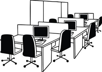 Coworking Space Icon Silhouette with Office Desks