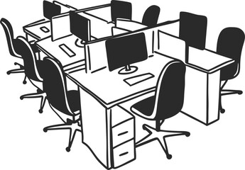 Coworking Space Icon Silhouette with Office Desks