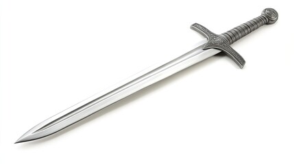 A close up shot of a medieval sword with a silver blade and ornate hilt on a white background