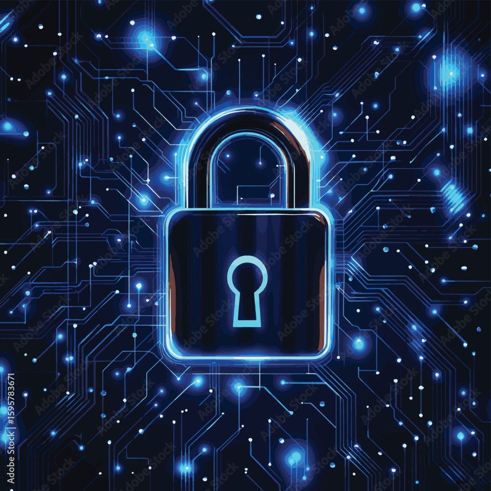 Poster cybersecurity background featuring a digital lock icon with glowing blue circuit board pattern and e