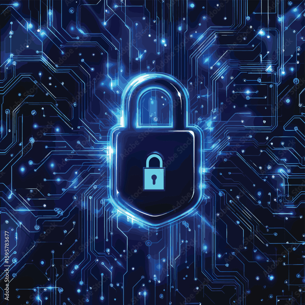 Poster cybersecurity background featuring a digital lock icon with glowing blue circuit board pattern and e