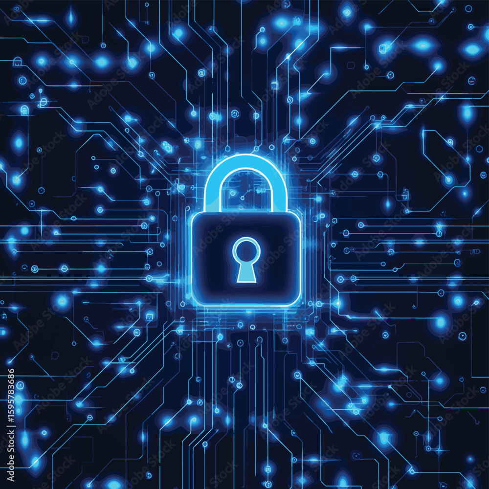 Poster cybersecurity background featuring a digital lock icon with glowing blue circuit board pattern and e