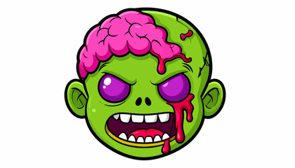 Cartoon zombie head with exposed brain and blood dripping from mouth, set against a white background.