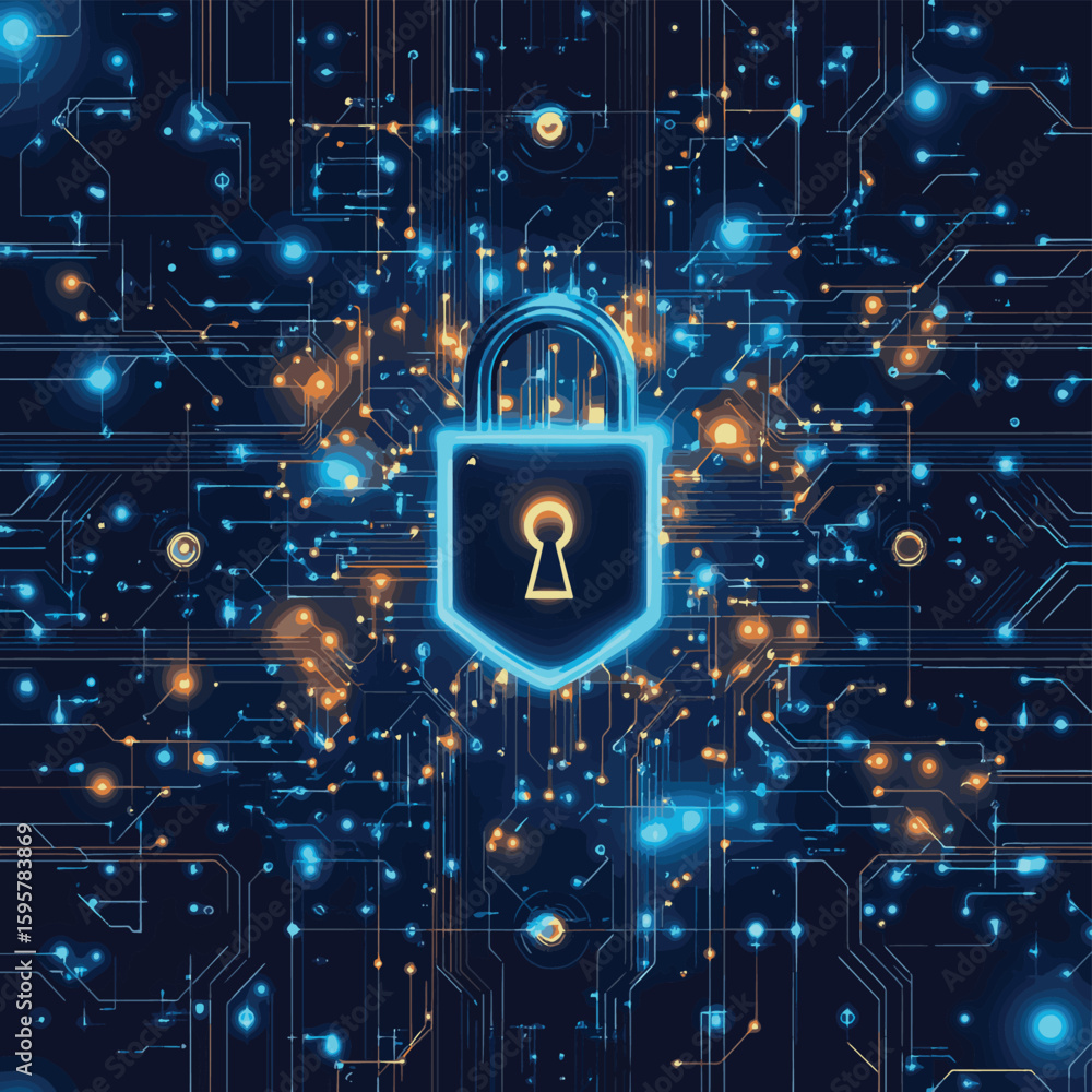 Poster cybersecurity background featuring a digital lock icon with glowing blue circuit board pattern and e