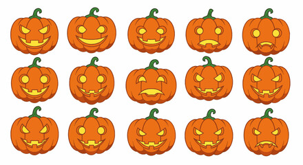 Naklejka premium Halloween pumpkins with various expressions and faces
