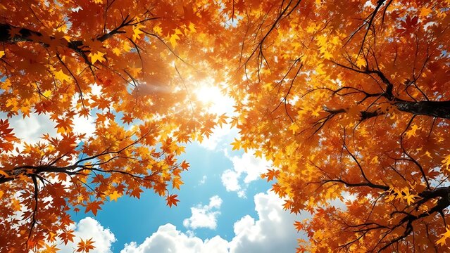 Looking up at golden autumn trees glowing under sunlight with clear blue sky, ideal for seasonal themes, travel visuals, and nature-inspired backgrounds