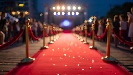 Elegant red carpet event showcasing anticipation under illuminated spotlights at twilight, outdoors