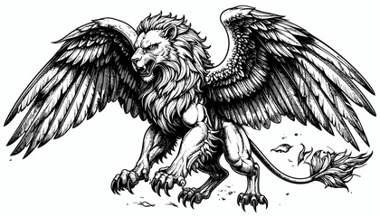 Obraz premium A majestic winged lion, a mythical creature, in a detailed line drawing.