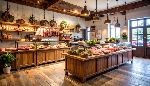 Rustic Butcher Shop Interior Fresh Meats with Gourmet Display, and Wooden Design.