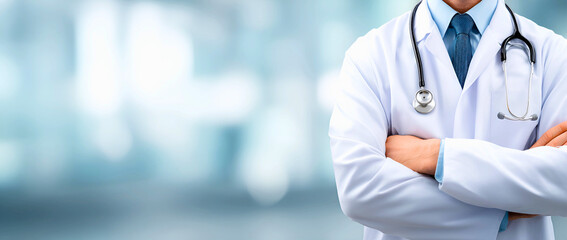 Confident doctor wearing white coat and stethoscope standing with arms crossed in a modern medical facility