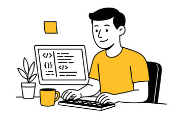 Young gen z web developer coding on laptop at home – flat vector illustration