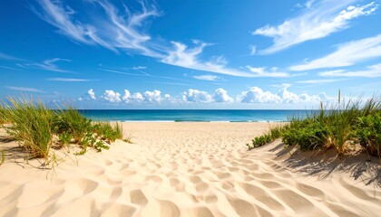 Sandy path leading to a turquoise ocean with under a bright blue sky, and vacation vibe.