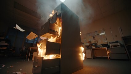 Inferno engulfs a filing cabinet, papers ablaze within a stark office setting, symbolizing burnout