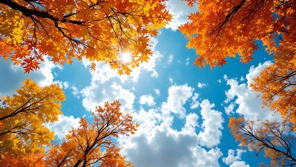 Looking up at golden autumn trees glowing under sunlight with clear blue sky, ideal for seasonal themes, travel visuals, and nature-inspired backgrounds
