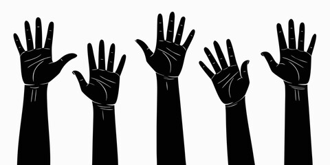 Obraz premium Silhouette graphic showing five hands raised upwards in a demonstration or celebration of diversity and inclusion