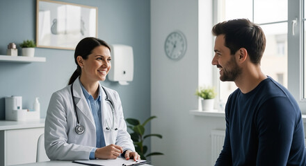 Fototapeta premium Friendly female doctor in a white coat consulting with a smiling male patient in a modern clinic office