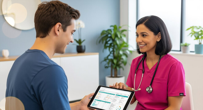 Friendly female doctor in pink scrubs showing a male patient medical results on a digital tablet in a modern clinic - Powered by Adobe