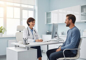 Obraz premium Smiling female doctor in a white coat with a stethoscope talking to a male patient at her desk in a bright medical office