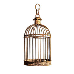 Antique, dome-topped birdcage of rusted metal, hanging from a loop, shows age and wear; empty