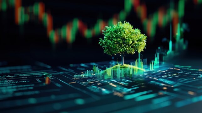 Digital Tree Growing on Financial Chart with Green Stock Market Background, Symbolizing Sustainable Development, Eco-Friendly Investment and Environmental Protection in Business Growth Concept. - Powered by Adobe