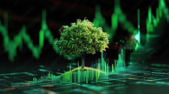 Digital Tree Growing on Financial Chart with Green Stock Market Background, Symbolizing Sustainable Development, Eco-Friendly Investment and Environmental Protection in Business Growth Concept.