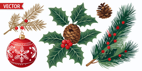 Holiday Christmas Ornaments and Evergreen Sprigs featuring pine cones, berries, and a red bauble with snowflake designs