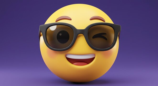 Yellow emoji face with sunglasses and a wink conveys playful expression