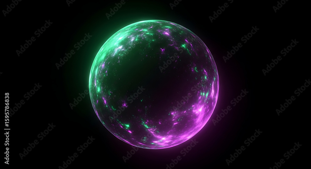 Poster glowing orb with green and purple hues floating in a dark space with light emitting from its surface
