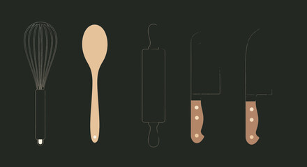 Fototapeta premium Kitchen utensils outline set on dark background