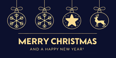 Elegant Christmas and Happy New Year greeting with ornaments featuring snowflakes, star, and reindeer silhouettes
