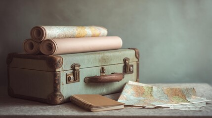 analog travel experience Vintage suitcase with maps and travel journal.