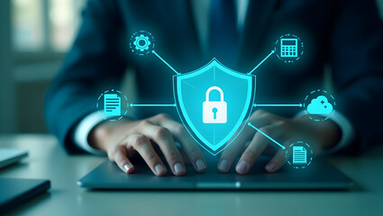 Person using laptop with security shield overlayed on it